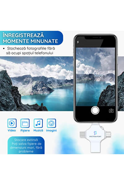 SpectrumPoint Stick USB 512GB, 4-în-1 USB 3.0+Type-C+MicroUSB+Lightning, Compatibil cu Android, iPhone, Laptop, Tabletă