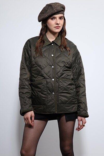 Antioch Khaki Contrast Collar Patterned Coat