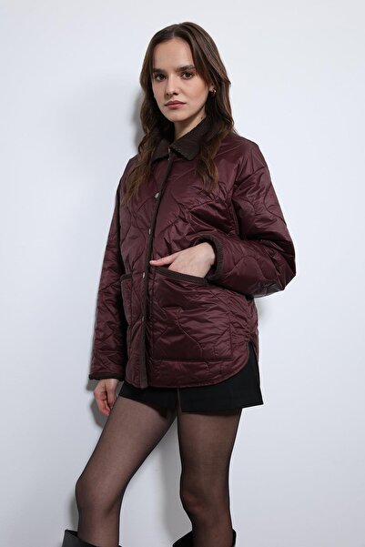 Antioch Burgundy Contrast Collar Patterned Coat