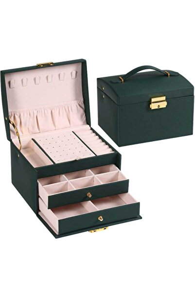 Choice صندوق مجوهرات يدوي بثلاثة أدراج، أخضر اللون، لحفظ الأقراط والخواتم وال...