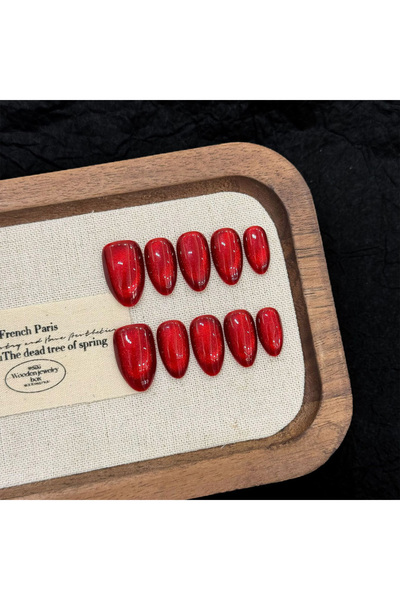 Choice أظافر صناعية يدوية الصنع مقاس XS، 10 قطع، بتصميم عين القطة بلون أحمر خمري عتيق، مزينة بخرز زجاجي كريستالي لامع.