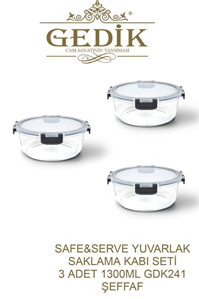 Gedik Glass Safe&Serve Yuvarlak Kilitli Cam Saklama Kabı Isıya Dayanıklı 3 Pa...
