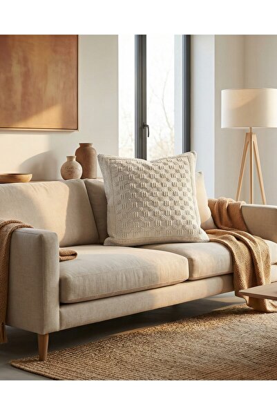 MACASA 100% Organik Pamuk Bukle Dokuma İskandinav Bohem Tarz Tekli Dekoratif Premium Kırlent Kılıfı