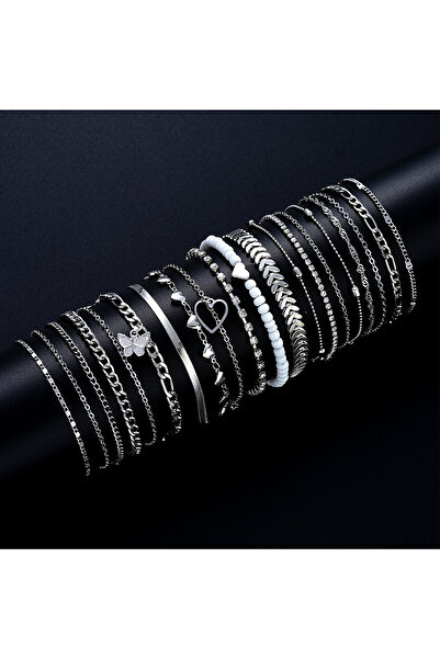 Choice طقم خلخال نسائي مكون من 20 قطعة باللون الفضي بتصميم بوهيمي أنيق، مزين بخرز على شكل فراشة وقلب كريستالي قابل للتكديس، مزين بخرز على شكل فراشة.