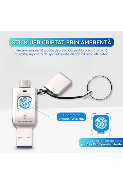 SpectrumPoint Stick USB 256 GB, USB 3.0 + Type-C, Criptare , Compatibil Laptop si Telefon, Argintiu
