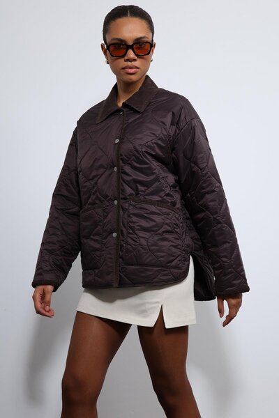 Antioch Brown Contrast Collar Patterned Coat