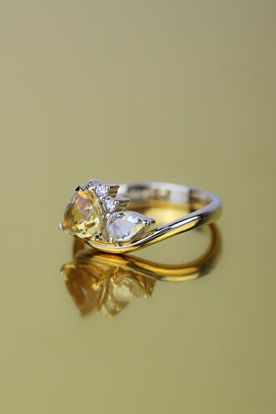 Coy Diamond Sitrin Ve Pırlanta Tasarım Yüzük,14 Ayar Altın Pırlanta Yüzük