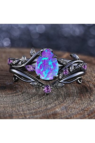 Choice 7 ZB6237-1 خاتم زفاف أنيق وفاخر من الأوبال الصناعي بتصميم ورقة الكرمة، مجوهرات زفاف