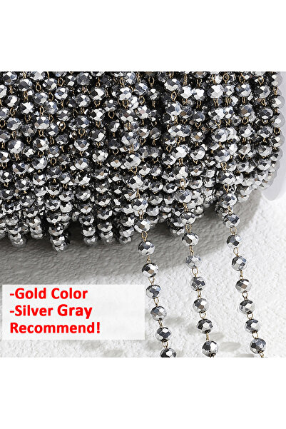 Choice خرز 3.5 مم، فضي رمادي ذهبي، سلسلة من الفولاذ المقاوم للصدأ بطول متر وا...