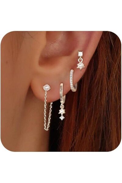 Choice طقم فضي مكون من 4 قطع، قلادة أنيقة مرصعة بالزركون مع شرابة وسلسلة، أقر...