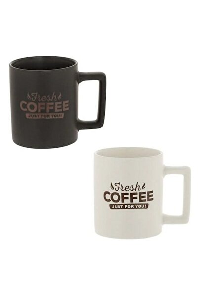 AB HOMES Set of 2 Ceramic Mugs White & Black Matte 'Fresh Coffee', 310 ml