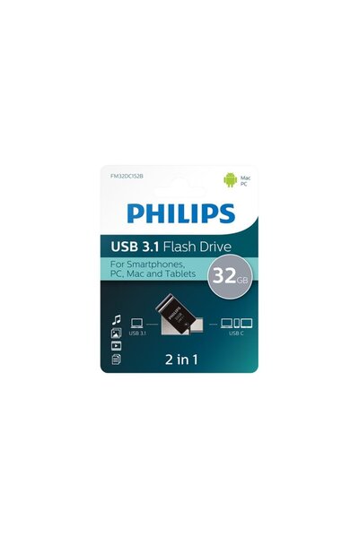 Philips FM32DC152B, 32GB, USB 3.1 ve Type-C, İkisi Bir Arada, Gece Siyahı, Fl...