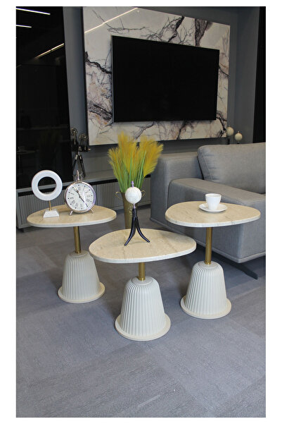 DECORAMİS Torino Zigon Sehpa Traverten Mdf (Komple Krem - Gold) - Zigon Sehpa...