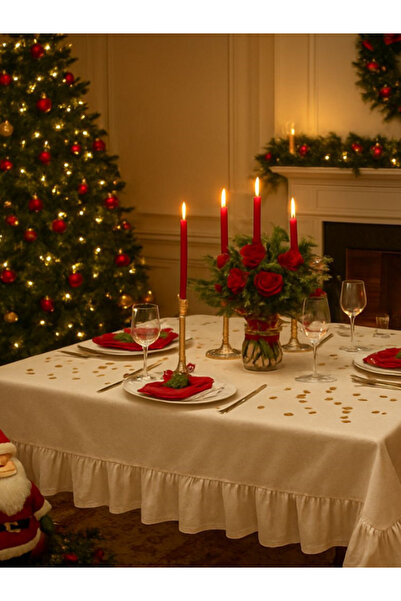 Pedimu Raw Linen Ruffle Detailed Tablecloth – Natural Textured, 150 × 250 cm