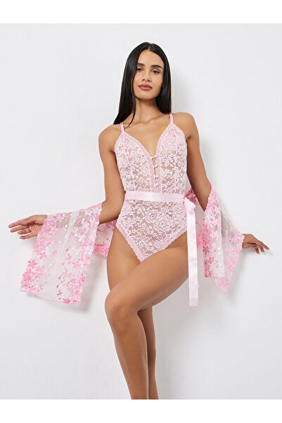 Styli Floral Lace Mesh Bodysuit with Satin Waist Belt and Embroidered Stole