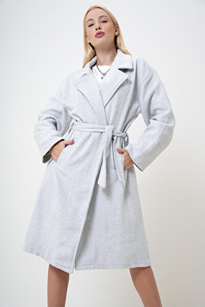 Trend Alaçatı Stili Kadın Gri Çift Cepli İçi Astarsız Kendinden Kemerli Kaşe ...