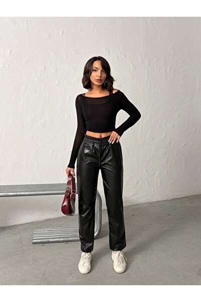 blue wings denım co. PANTALONI DIN PIELE ELASTICĂ CU TALIE ÎNALTĂ ȘI CUREA EL...