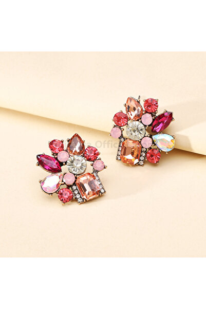 Choice أقراط مرصعة بالزجاج بتصميم هندسي كوري أنيق باللون الوردي، مثالية للنسا...