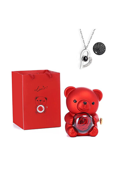 Choice صندوق هدايا صغير على شكل دب تيدي مزين بوردة حمراء محفوظة، هدية رومانسي...