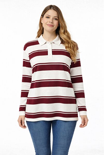 Şans Women's Plus Size Burgundy-White, Polo Neck Striped Blouse 65N39275