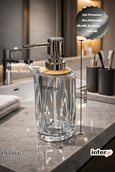 İnterlife Düz Model Cam Görünümlü Pompalı Dekoratif Sıvı Sabunluk Banyo Akses...