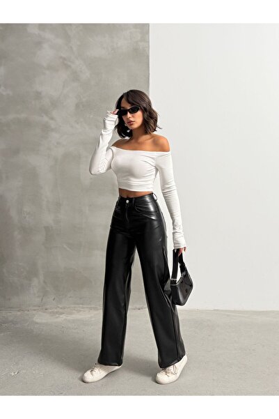 blue wings denım co. High Waist Loose Leg Leather Pants