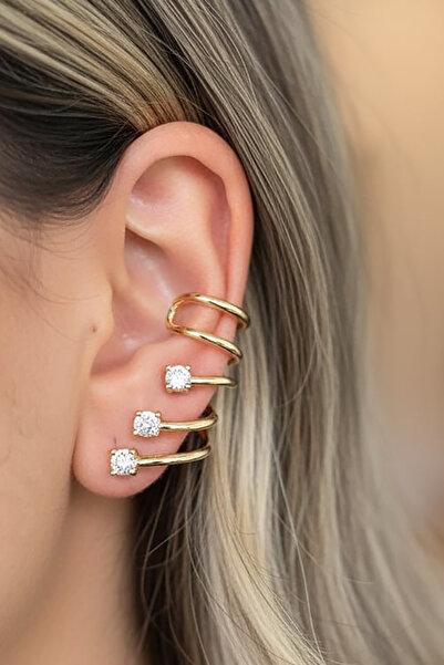 TAKIŞTIR Altın Renk Taş Detaylı 14K Altın Kaplama TX Kulak Akseusarı (Tek)