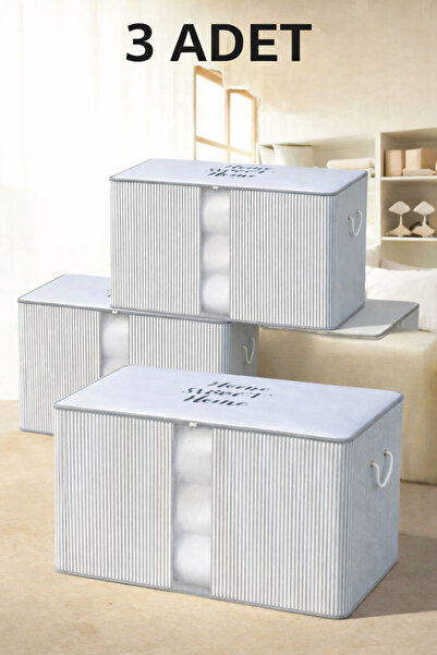 Timburly 3 Adet Home Sweet Home Çizgili Baza Altı Dolap üstü Büyük Yastık Yorgan Kazak Hurcu 41x64x35cm D117