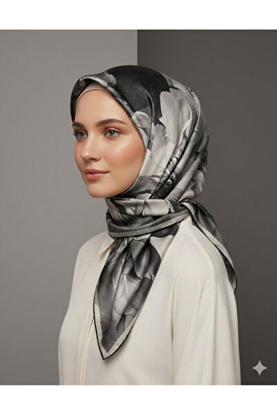 Arel Eşarp Tekstil Black Soft Scarf 90X90 Cotton Fabric Floral Pattern Non-Sl...
