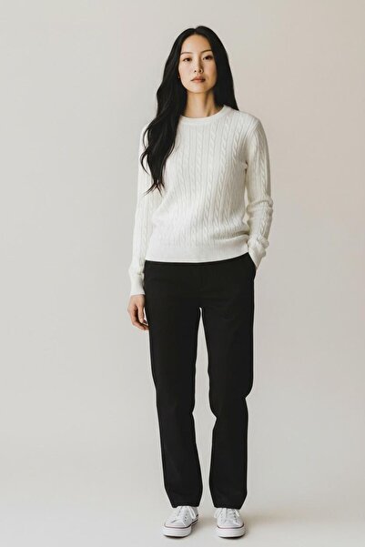 ÖNDER MODA Women's Ecru Hair Braid Patterned Knit Sweater – Crew Neck, Long Sleeve, Casual Basic