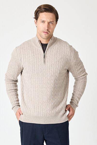 Frappoli Pulover pentru bărbați Focus, cu țesătură de păr de nurcă deschisă, cu jumătate de fermoar, amestec de bumbac