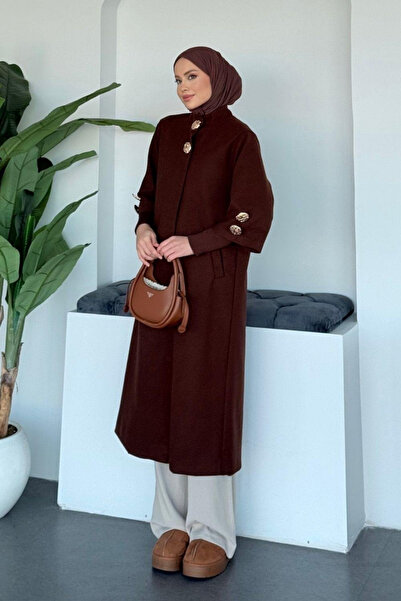 Tesettür Diyarı Soil Gold Buttoned Lined Cashmere Hijab Coat - Brown