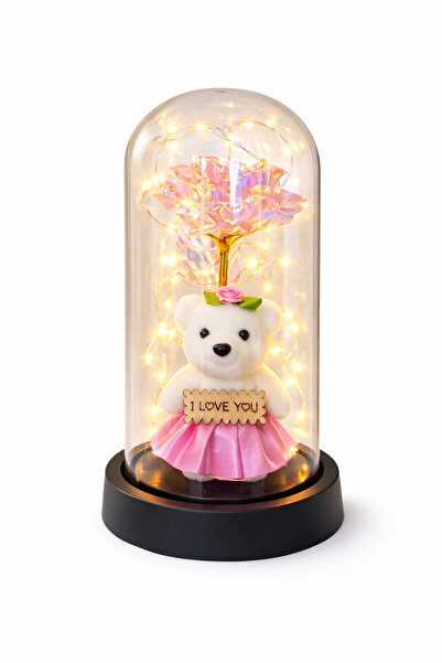 OEM Iridescent Teddy Bear and Pink Rose Dome, Romantic Decorative LED, 20x11 cm