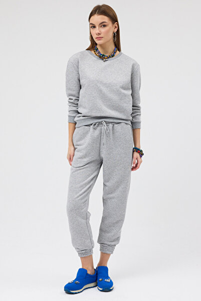 Soho Mood Hanorac gri din bumbac cu trei fire pentru femei guler rotund