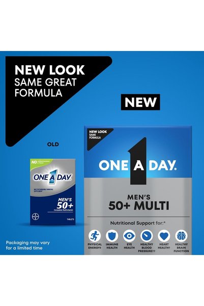 One A Day Multivitamin and mineral supplement from Bayer to be taken one tablet daily for men over fifty, 100 tablets
