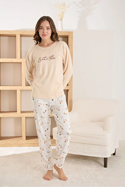 Pijamoni Women's Thermal Fabric Crew Neck Ecru Pajama Set
