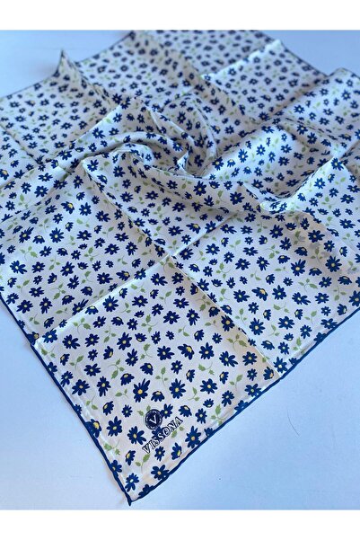 Vissona Tivil Silk Scarf 60910 - 7 - 0003 - 0033 White Navy Blue Floral Pattern