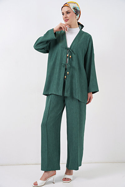 Bigdart Women's Linen Kimono Double Set 6727 - Emerald Green
