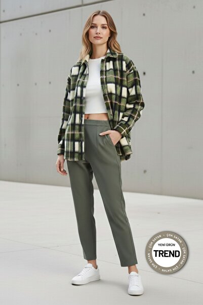 Kübra Tekstil Kadın Haki Ekose Oversize Peluş Gömlek Ceket – Yumuşak Dokulu, Kadın Polar Ceket