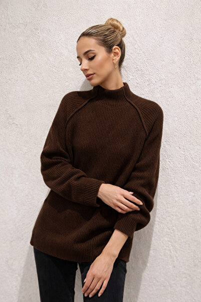 Rich Women's Brown Soft Textured Mock Neck Basic Long Sleeve Knitwear Sweater