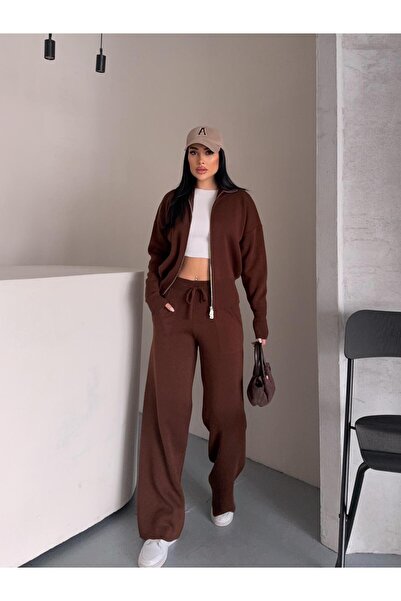 solena sln Γυναικείο Καφέ Σετ Πλεκτών με Διπλό Φερμουάρ