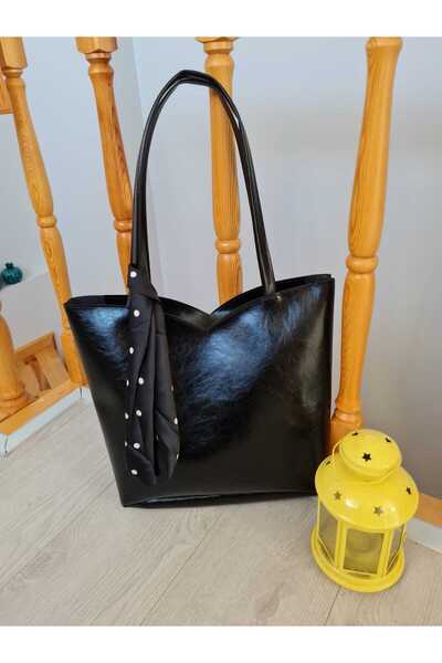 YMZBAG Black Heart Scarf Detailed Zipper Closure Shoulder Bag
