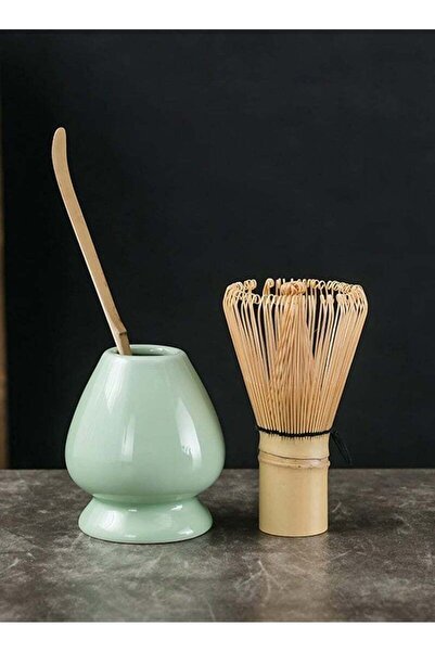 fulina 3PCS Traditional Bamboo Matcha Set,with Tea Whisk,Hooked Scoop and Ceramic Whisk Holder,Green