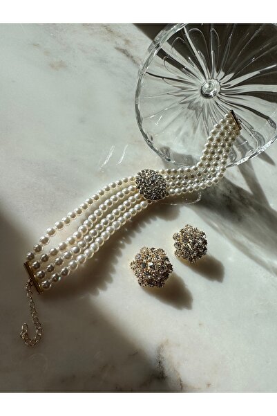 popcouturetr Zirkon Taşlı incili Choker & Zirkon Taşlı Küpe