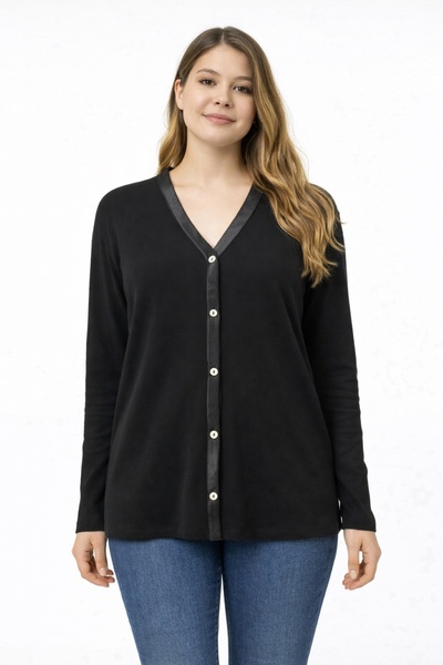 Şans Women's Plus Size Black, Satin Piped Detail Ribbed Knit Cardigan 65N39276