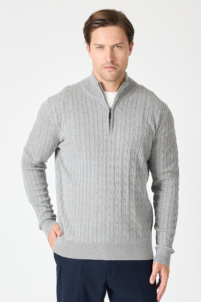 Frappoli Focus Мъжки пуловер с половин цип от памучна смес в цвят сиво