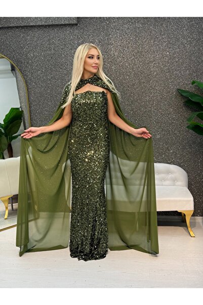 E&A Eren Abiye OLİVE PUL PAYET PELERINLI BALIK ABIYE