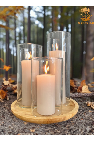 WERASTAR 7 PARÇA SET BAMBU TABAK ÜZERİNDE 3 ADET VAZO VE 3 ADET MUM SET