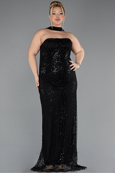 Abiyefon Siyah Straplez Şallı Uzun Boncuklu Büyük Beden Abiye ABU5495