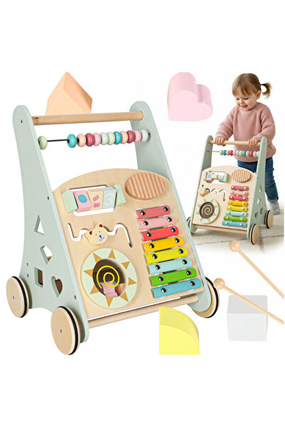 Ikonka Antepremergator cu multiactivitati pentru copii blue, realizat din lemn, cu xilofon muzical, labirin